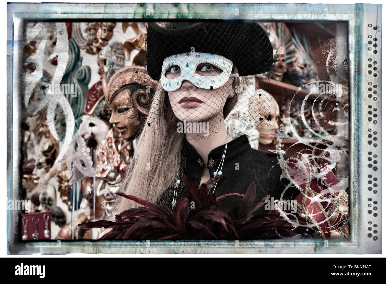 Venetian mask shop interior - creative interpretation of display with mannequin using Polaroid type border Stock Photo