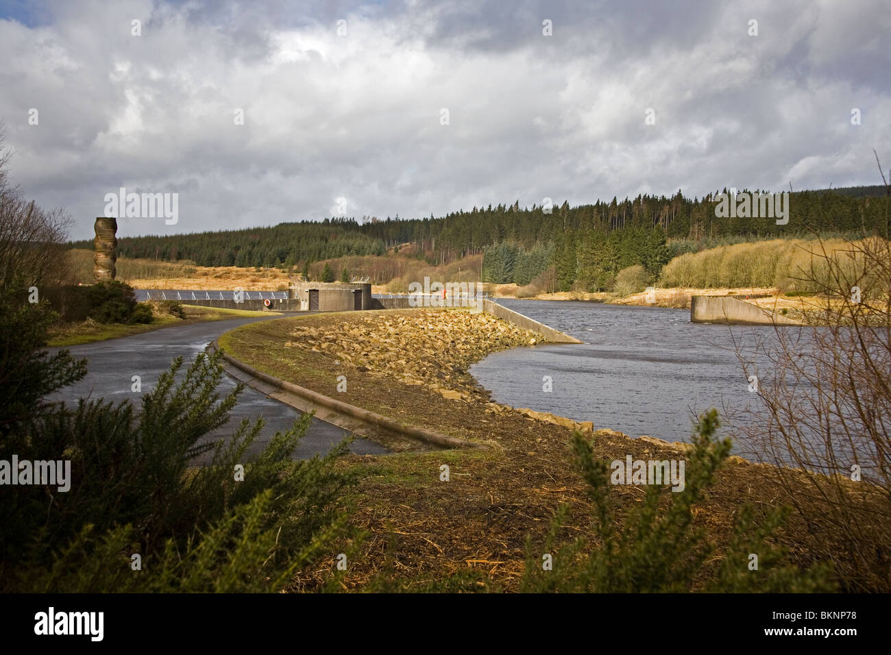 Bakethin Weir and Reservoir Area with Kieder Column Scupture on left Stock Photo