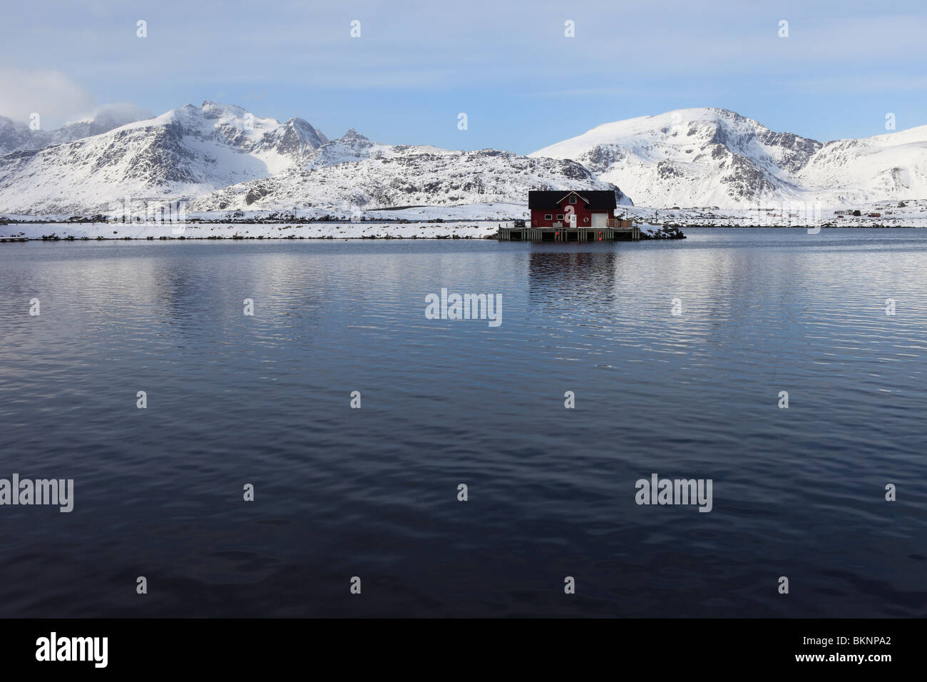 A lone boathouse/rorbu in Ramberg on Flakstadøy, one of the Lofoten Islands in Norway Stock Photo