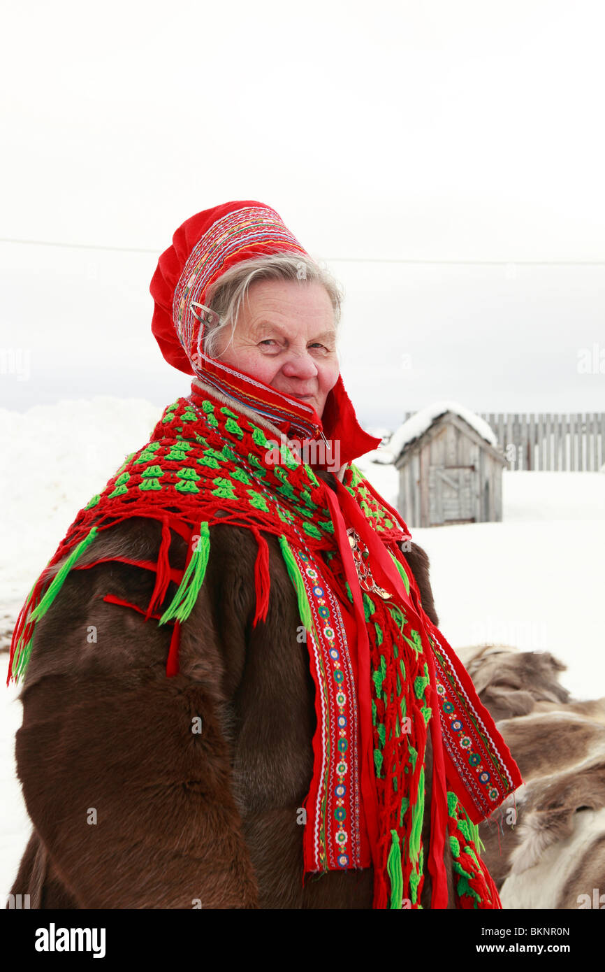Local Saami lady at the Sámi Easter Festival held in Kautokeino in Finnmarksvidda in arctic Norway Stock Photo