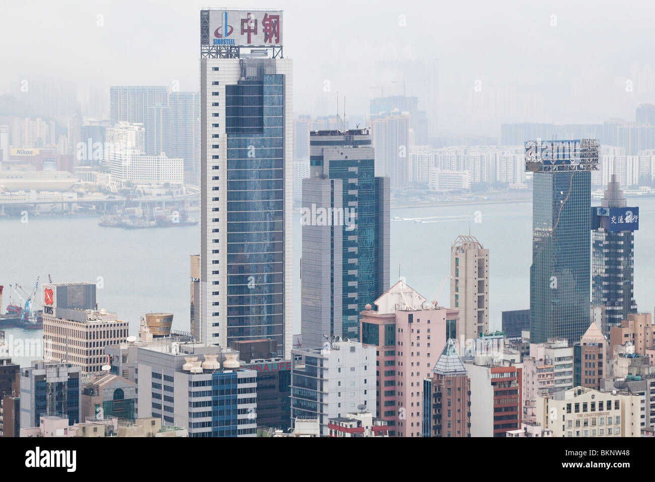 Tall buildings in Hong Kong Island city centre with the harbour visible