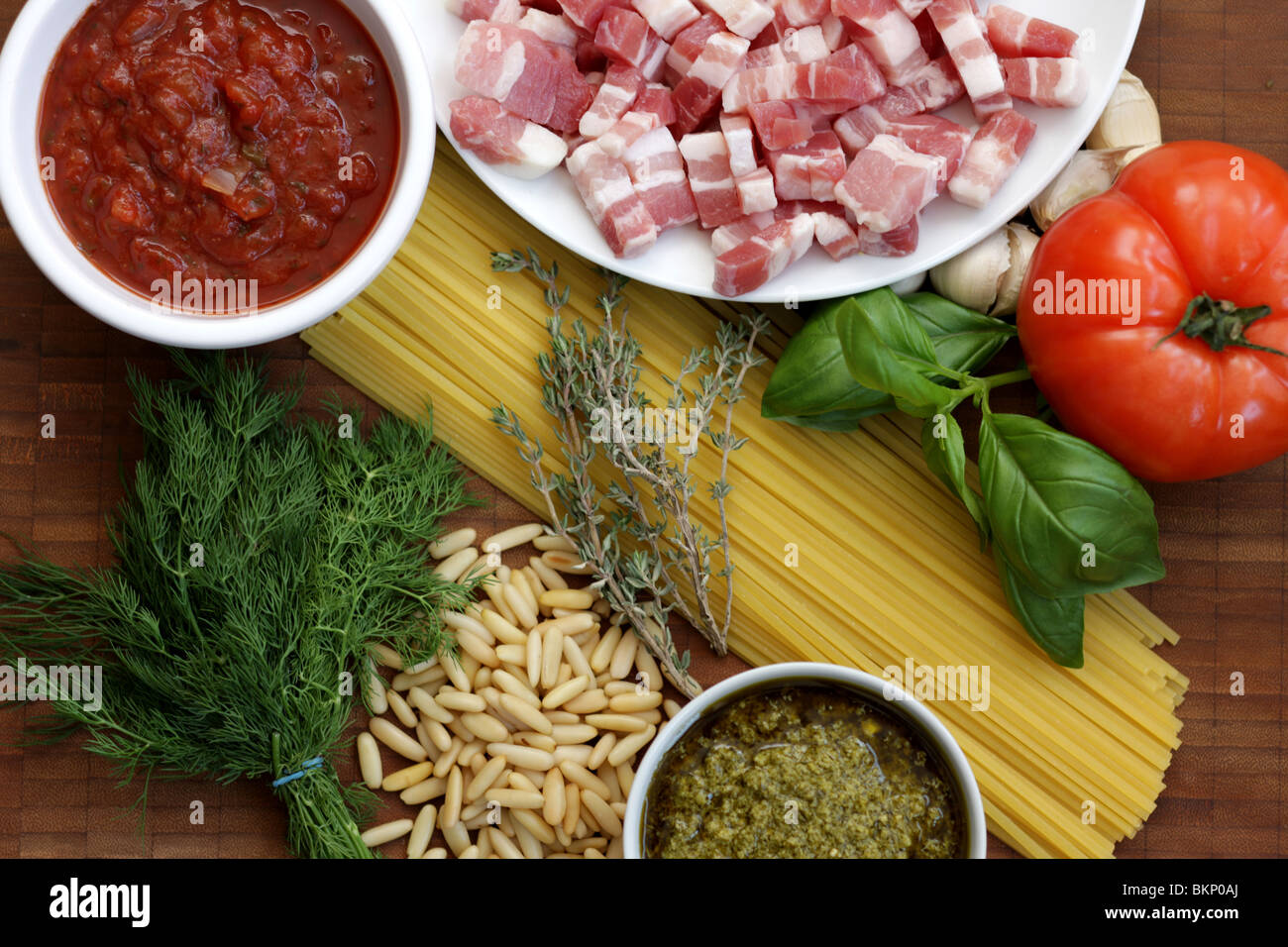 Fresh Authentic Italian Or Mediterranean Cooking Ingredients Of Bacon