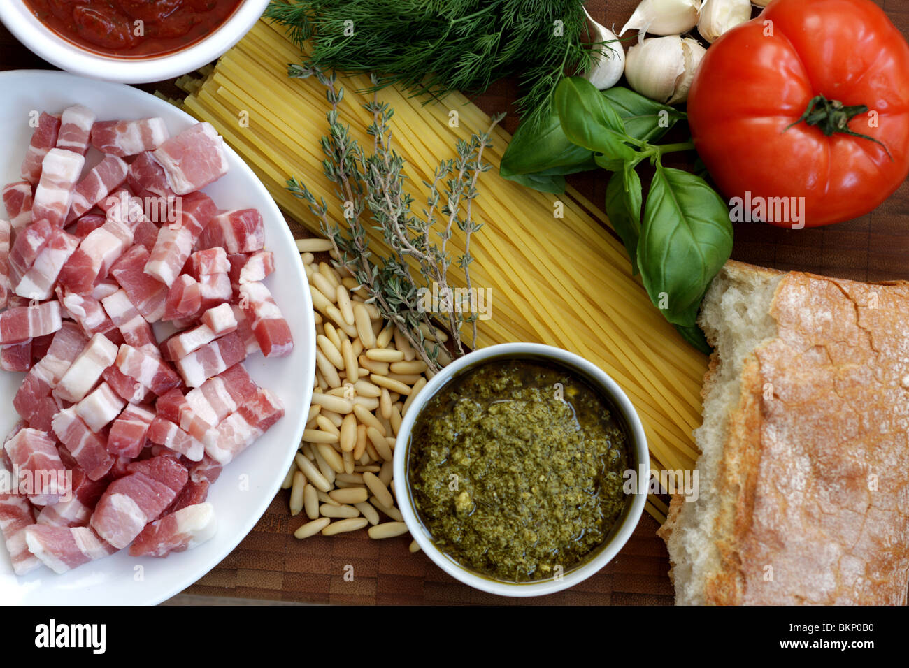 Fresh Authentic Italian Or Mediterranean Cooking Ingredients Of Bacon