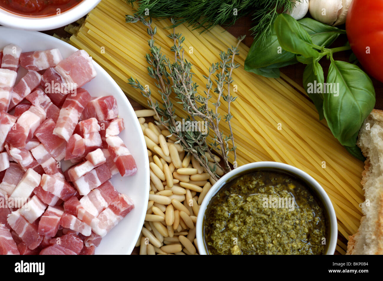 Fresh Authentic Italian Or Mediterranean Cooking Ingredients Of Bacon
