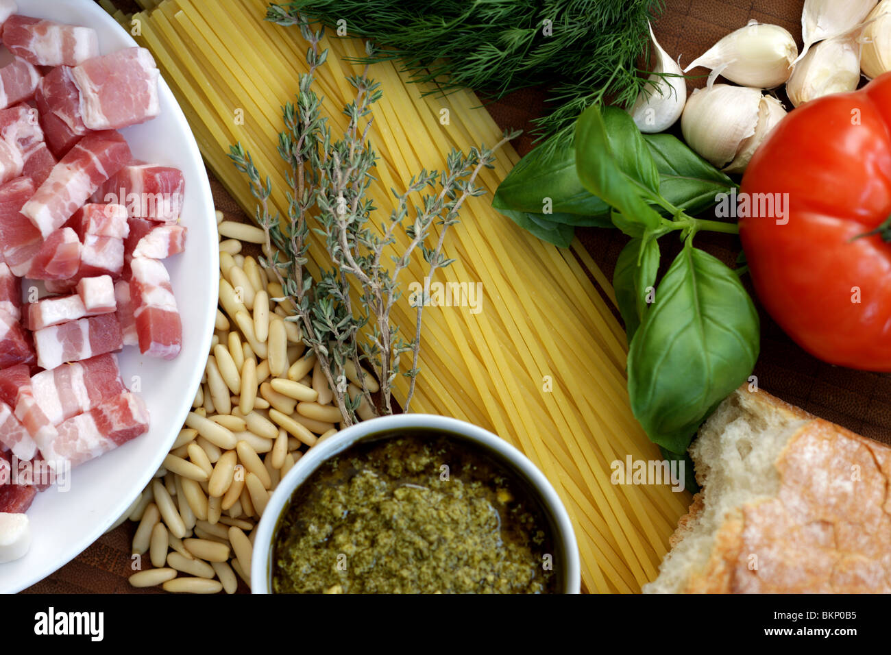 Fresh Authentic Italian Or Mediterranean Cooking Ingredients Of Bacon Lardons, Linguini Pasta