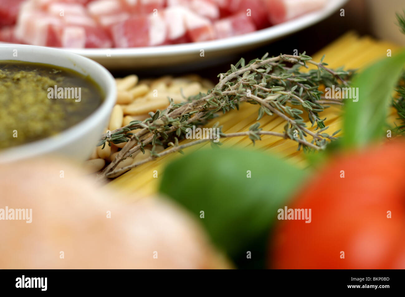 Fresh Authentic Italian Or Mediterranean Cooking Ingredients Of Bacon