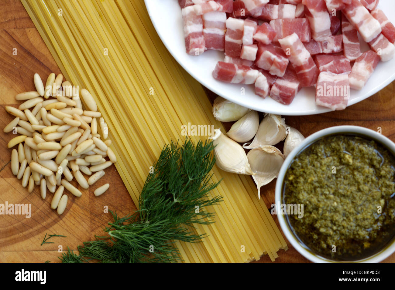 Authentic Fresh Italian Mediterranean Style Cooking Ingredients Including Pork Lardons With