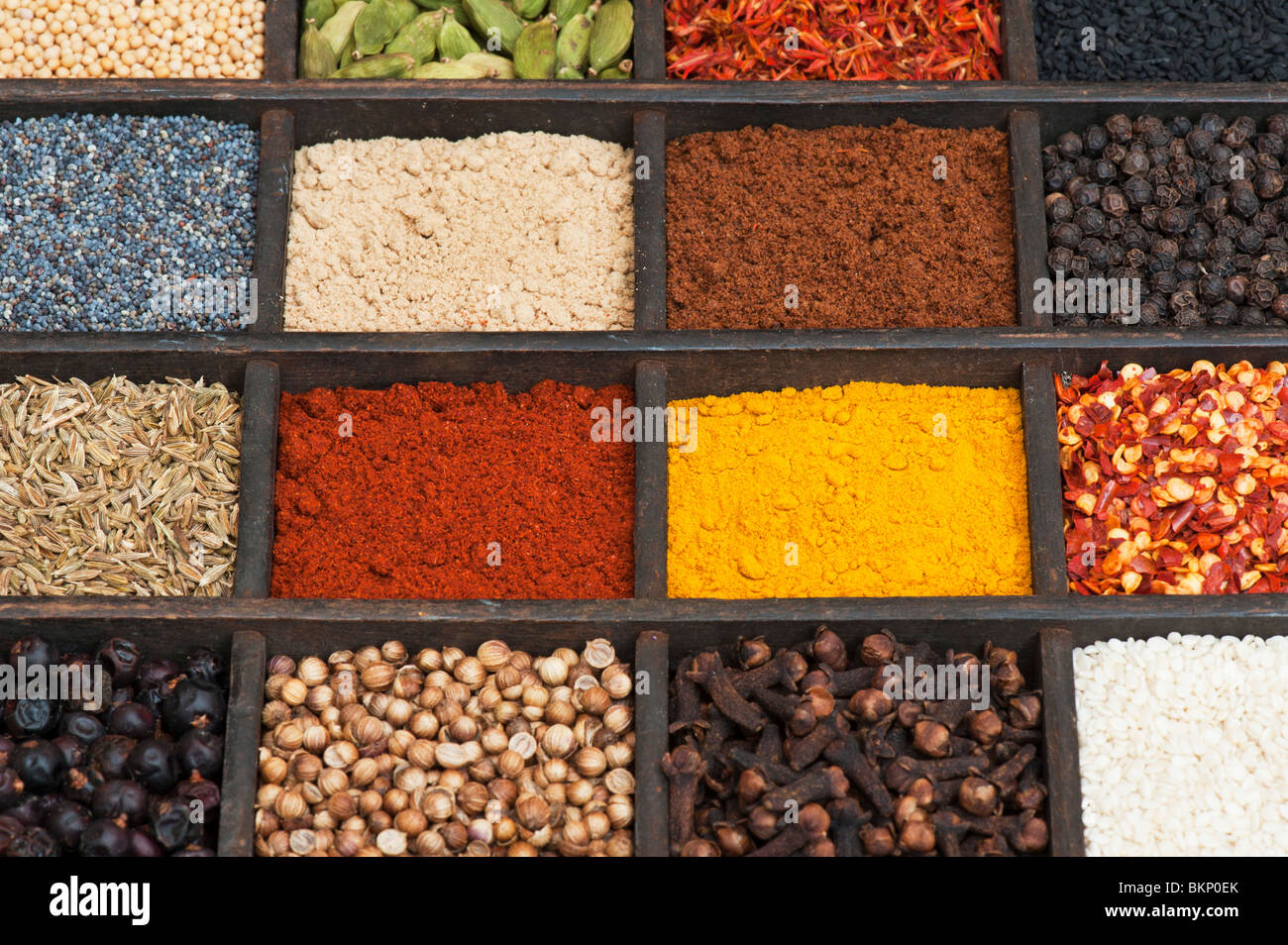 Indian spices in an old wooden tray Stock Photo Alamy