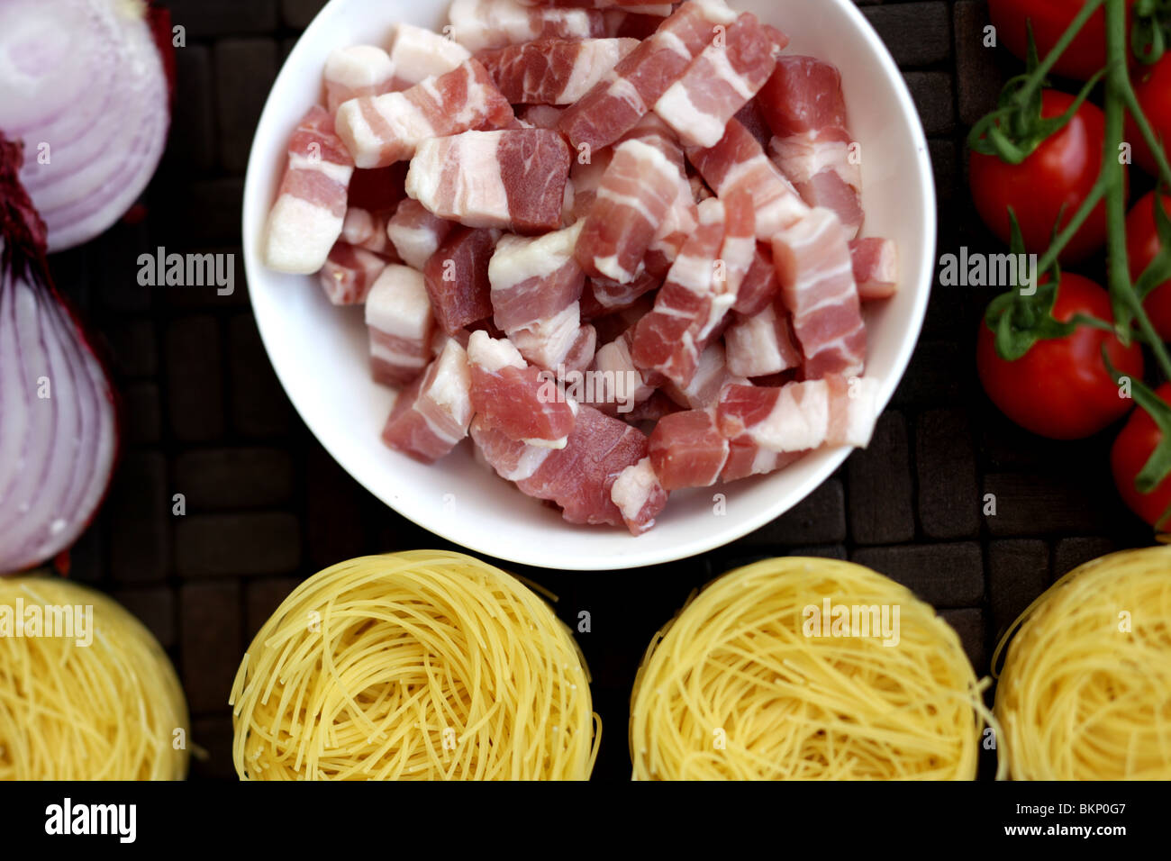 Fresh Raw Uncooked Italian Style Cooking Ingredients Of Pork Lardons