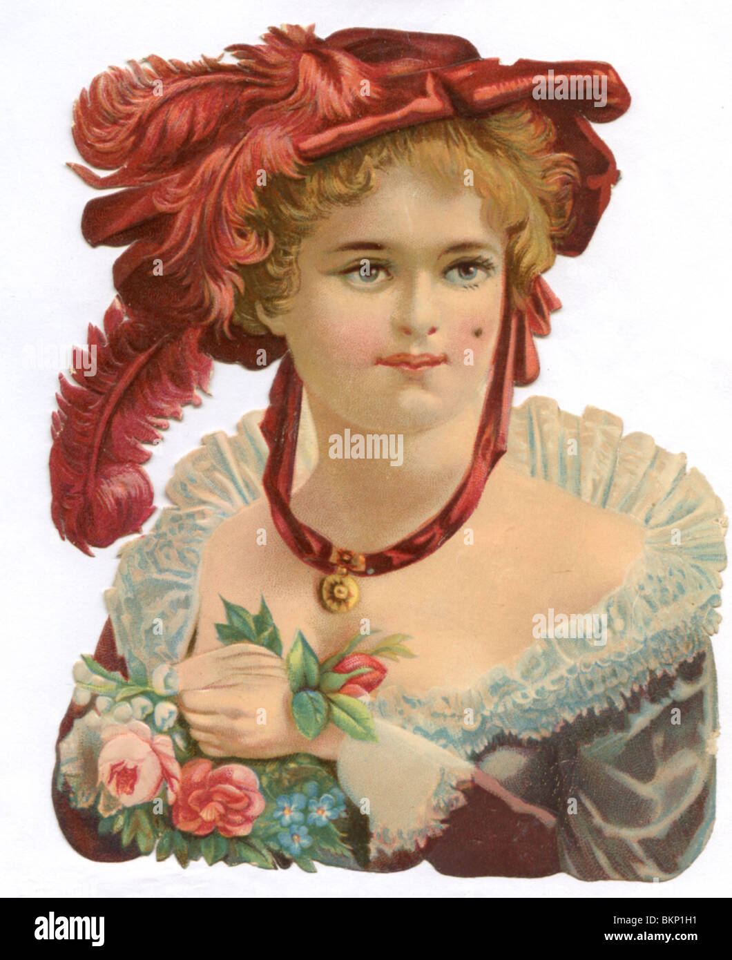 Portrait of a Lady in Decorative Costume with Red Feather Hat Stock