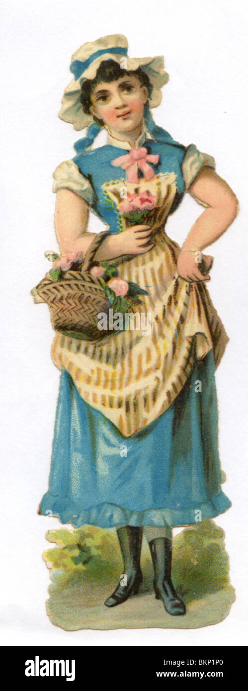 Lady Carrying Pink Roses in a Wicker Basket Stock Photo