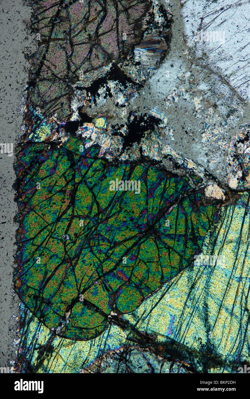 Peroditite Tertiary rock sample photographed to show mineral colours in polarised light Stock Photo