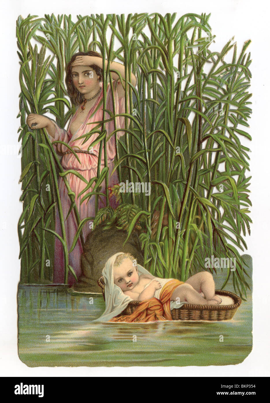 Baby in a Basket Floating Down the River, Whilst Mother Watches Stock