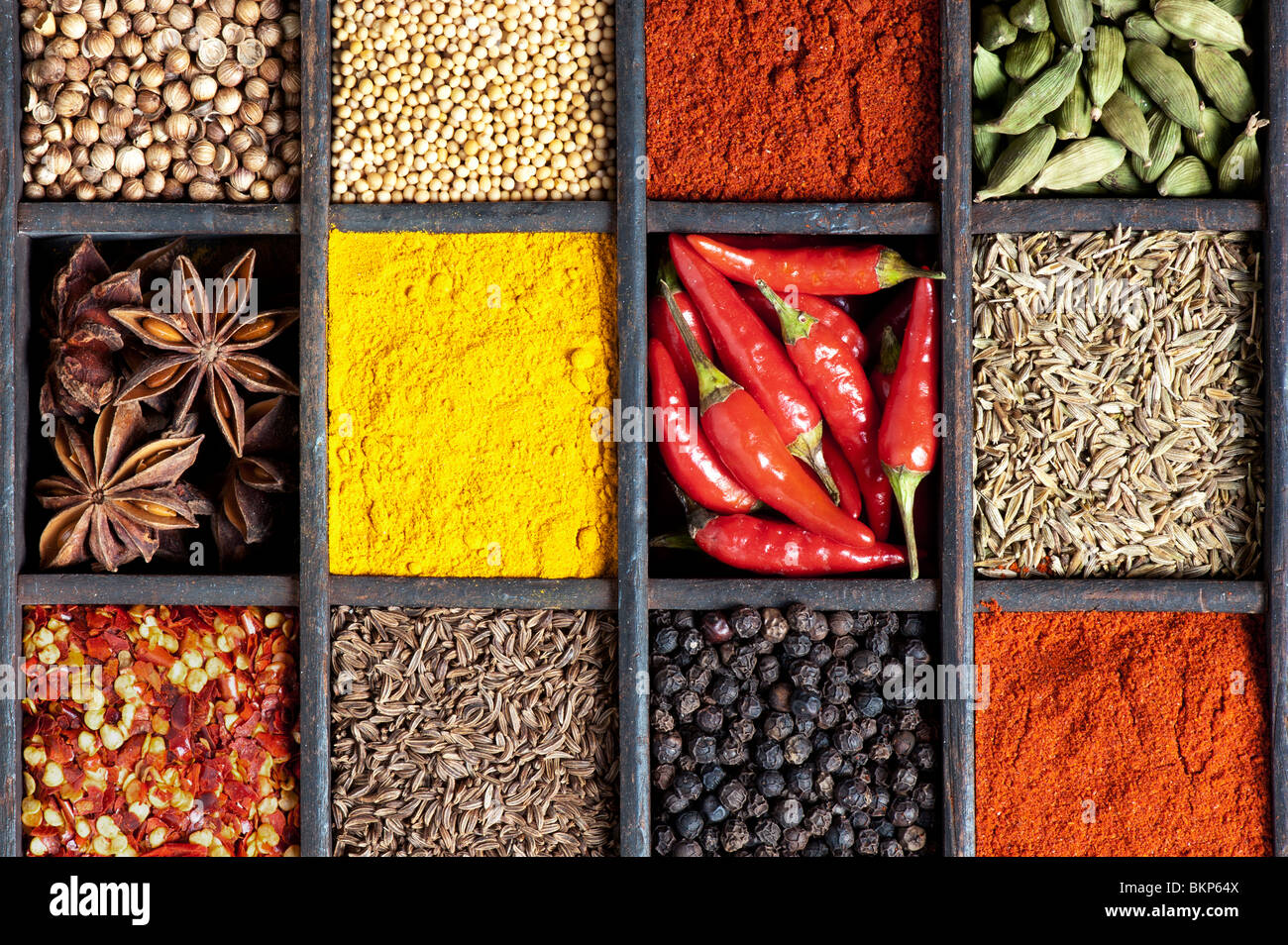 Indian cooking spices in an old wooden tray. Flat lay photography from