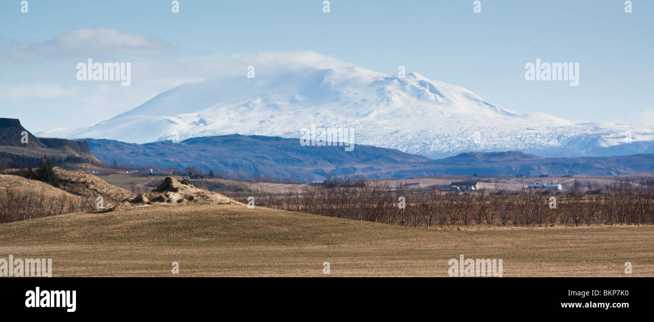Snow covered Mt. Hekla  volcano looms over Iceland Stock Photo