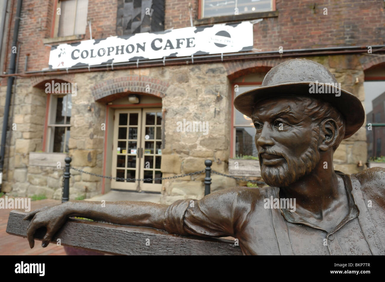 Cafe and bronze sculpture in Fairhaven near Bellingham in
