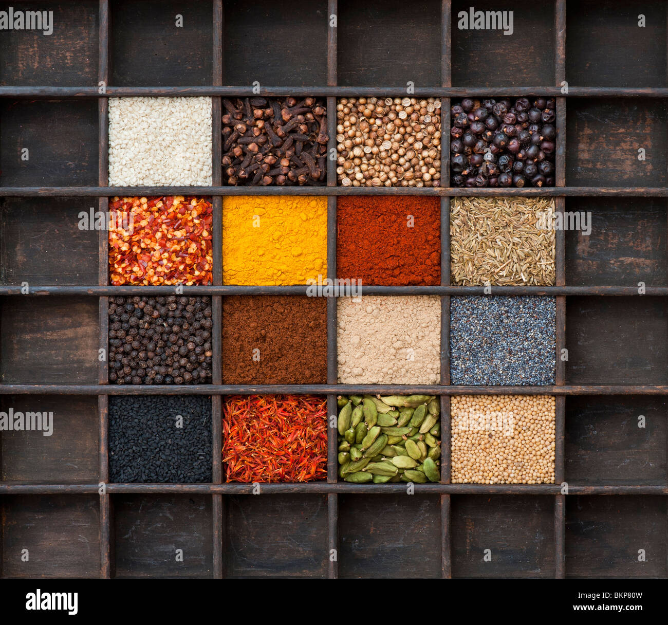 Indian spices in an old wooden tray. Flat lay photography from above