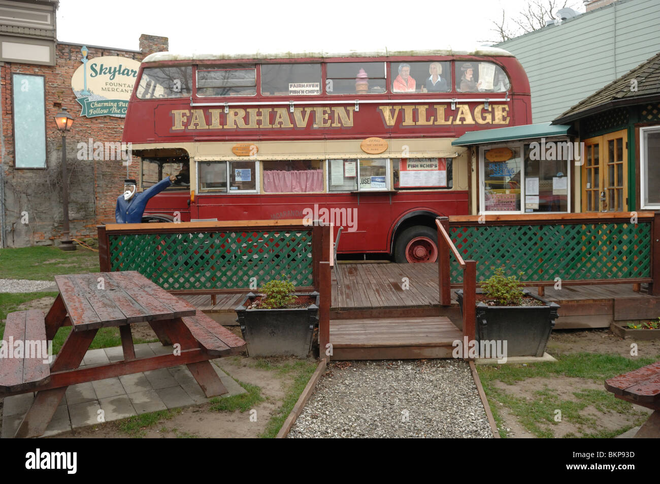 London Bus rebuilt as a chip shop in Fairhaven near Bellingham in Whatcom County Washington State in the cascades USA Stock Photo