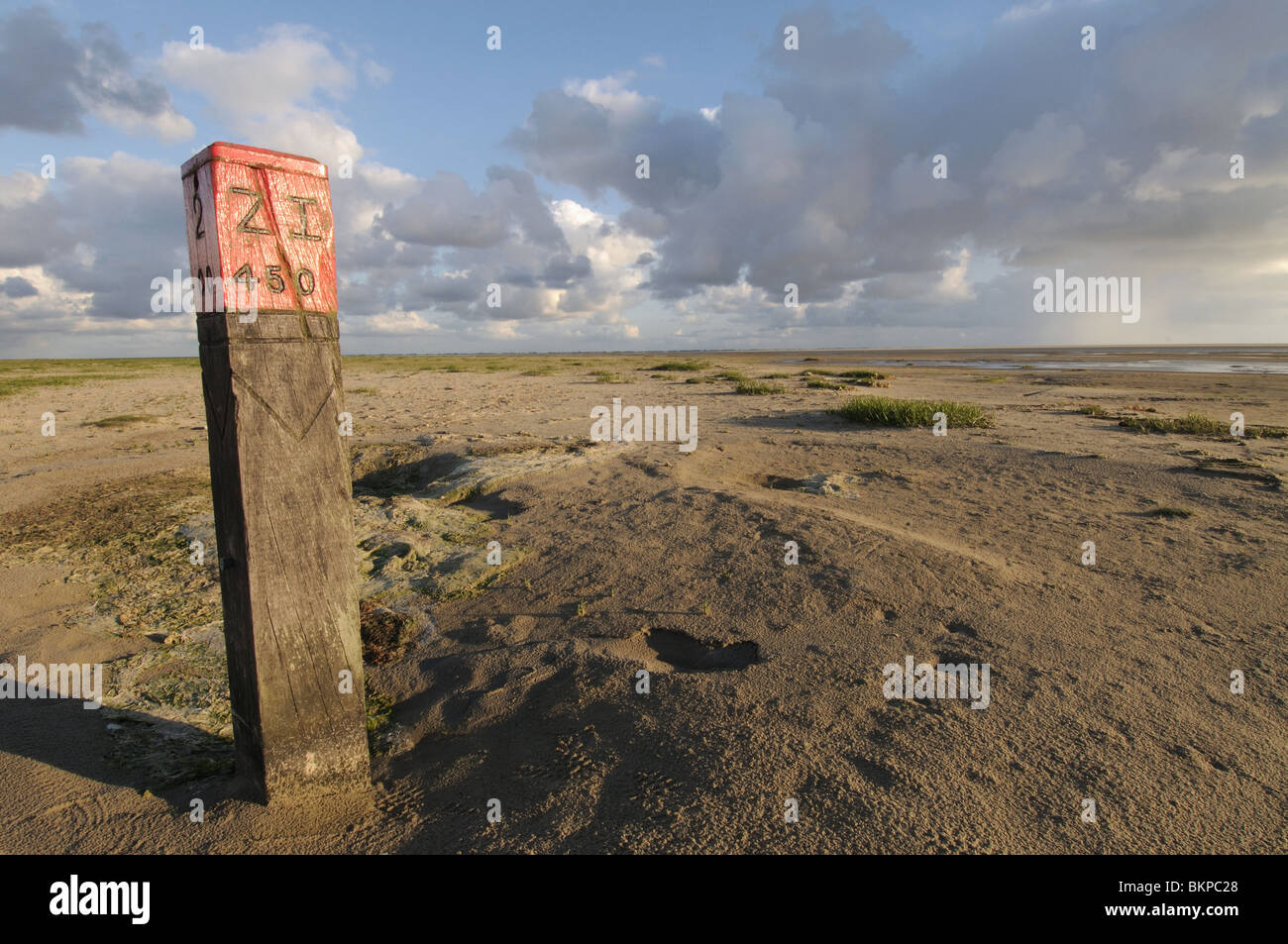 Strandpaal op grote, open en verlaten strandvlakte; Wooden pole on deserted beach Stock Photo