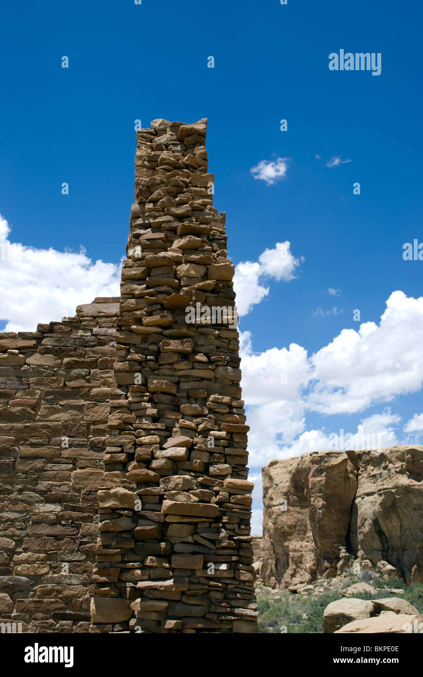 Exposed stone wall section from the Pueblo Bonito Great House located at Chaco Culture National Historical Park. Stock Photo