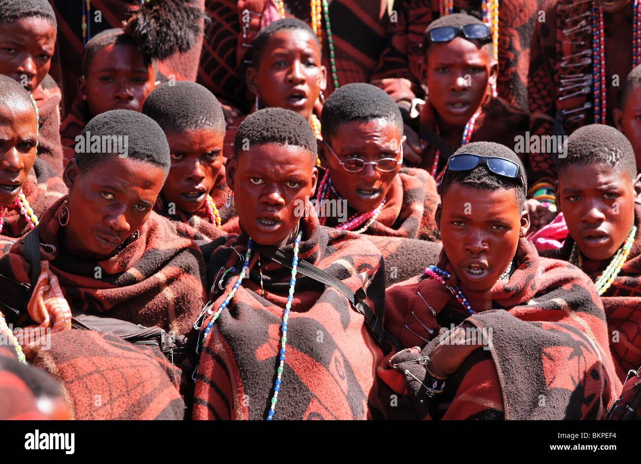Lesotho: Redly made up young men celebrate an initiation celebration their admission into the world of adult men. Stock Photo
