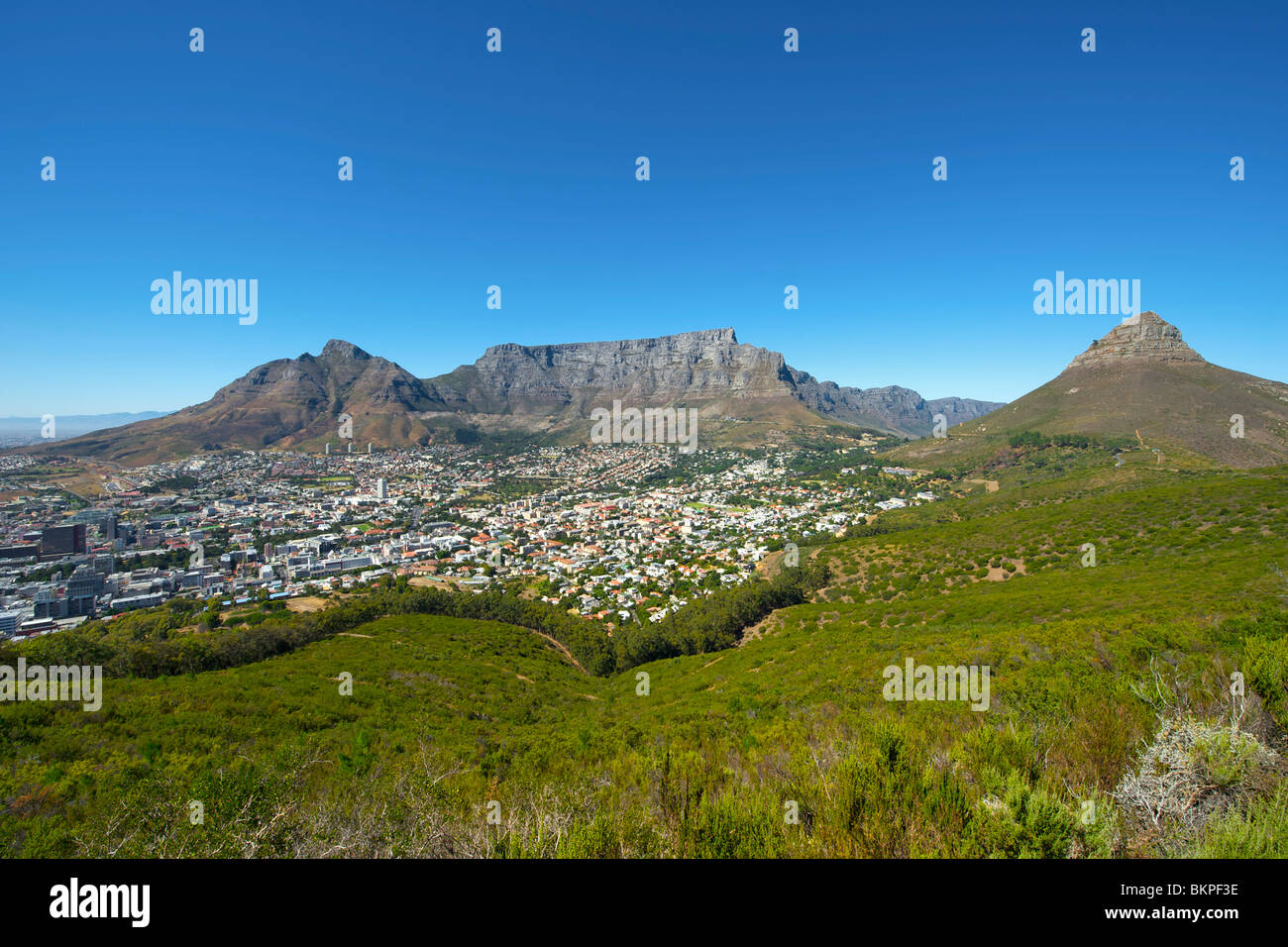 View of Table Mountain, Devil's Peak (left), Lion's Head (right) and the city of Cape Town on a cloudless summer day. Stock Photo