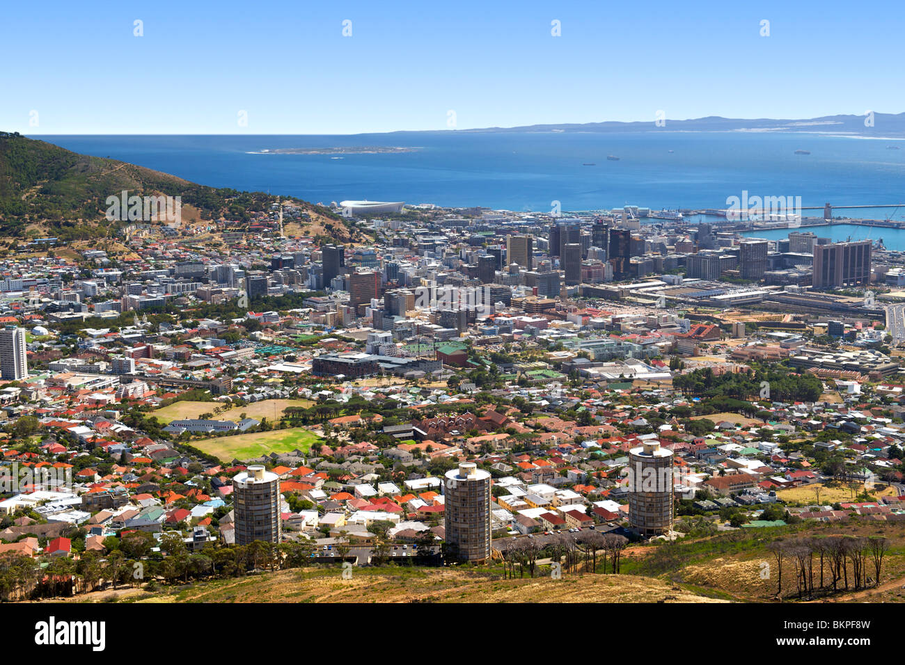 View across the city of Cape Town with the new FIFA 2010 / Green Point stadium and Robben Island in the background. Stock Photo