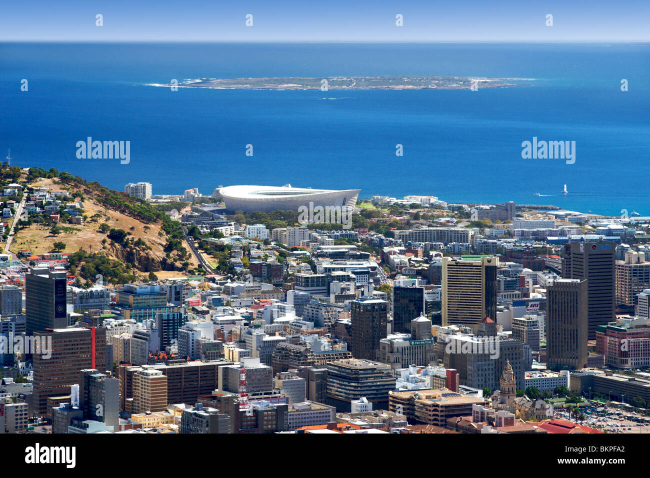 View across the city of Cape Town with the new FIFA 2010 / Green Point stadium and Robben Island in the background. Stock Photo