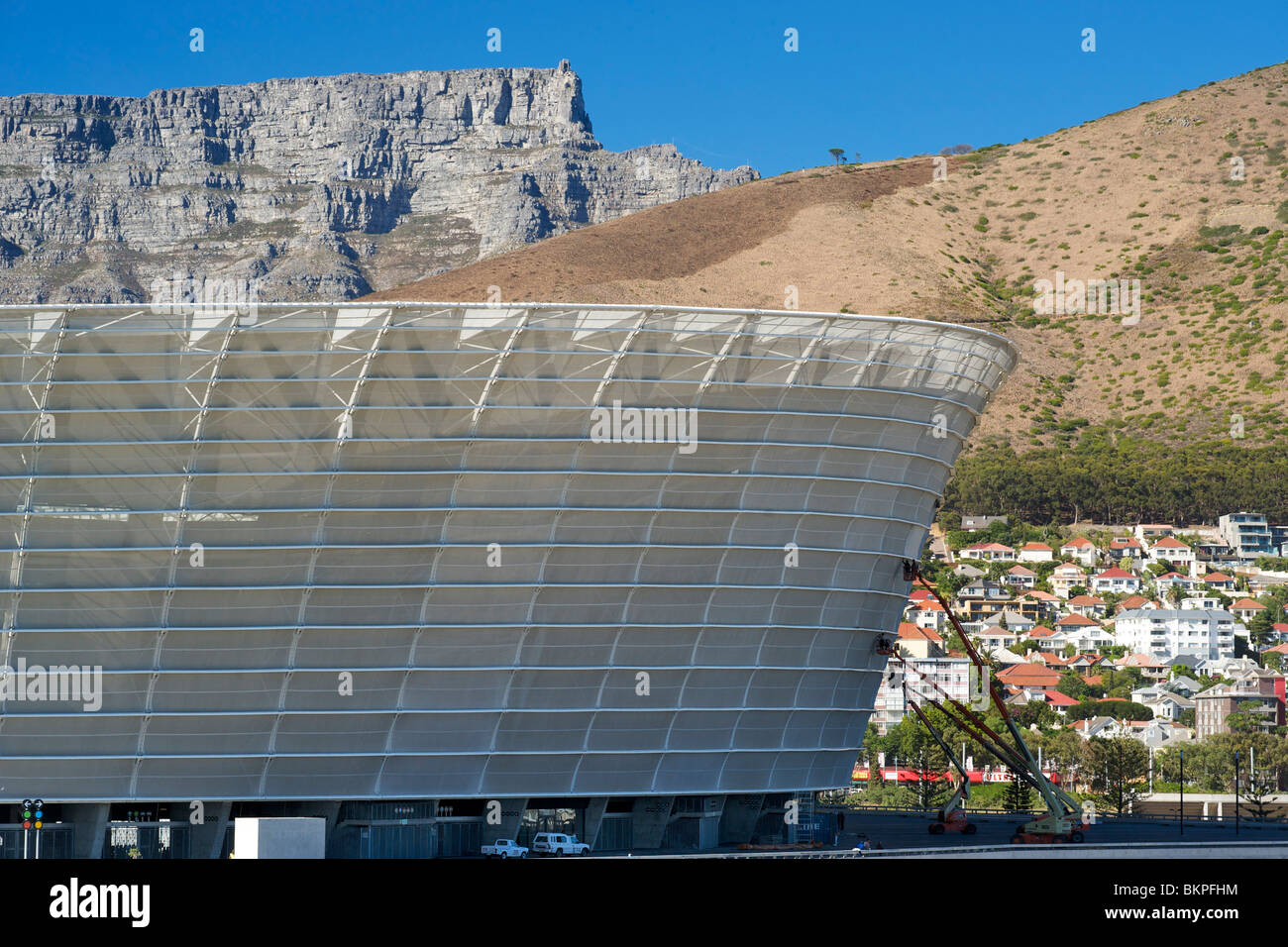 View of the new FIFA 2010 stadium in Green Point, Cape Town. Table Mountain can be seen in the background. Stock Photo