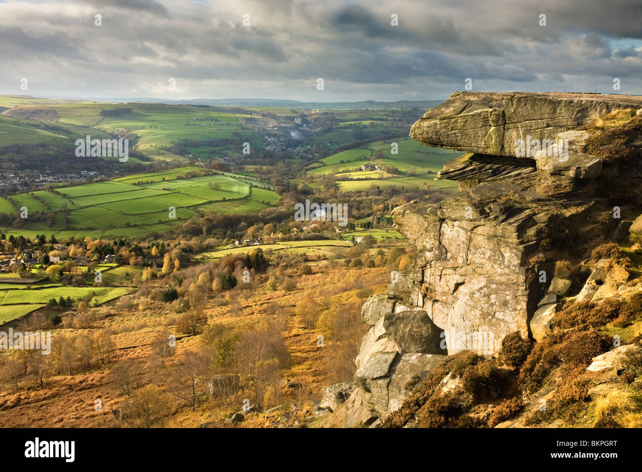 Curbar Edge and view, Derbyshire, England Stock Photo