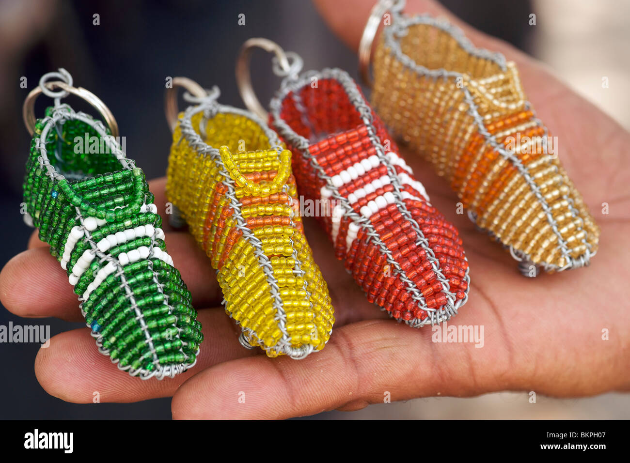 Beaded world cup souvenirs for sale in Franschhoek, Western Cape Province, South Africa. Stock Photo