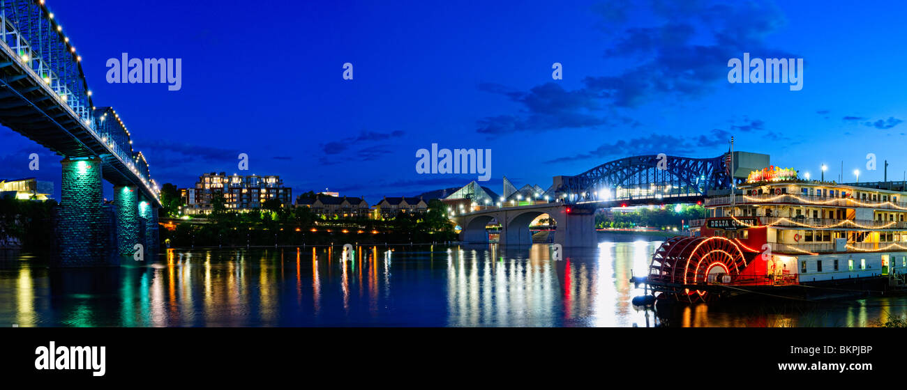 Night shot of the paddle-wheel riverboat Delta Queen in Chattanooga, Tennessee. Stock Photo