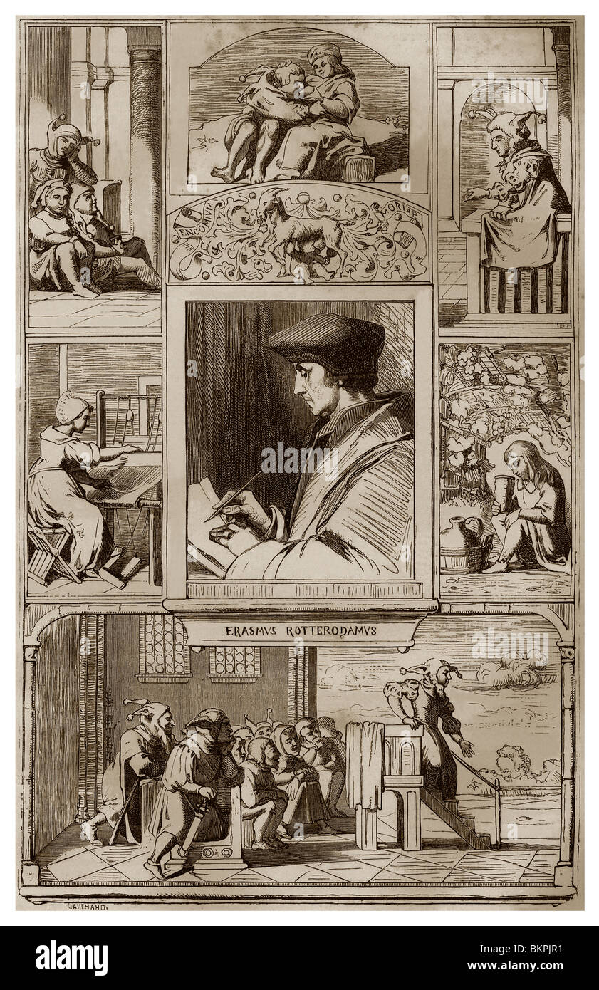 Drawings of Painter Hans Holbein for work 'The 'Praise of Folly' from Erasmus, with in the centre his portrait of Erasmus. Stock Photo