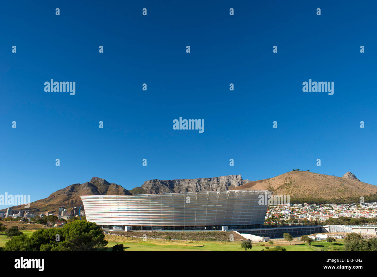 View of the new FIFA 2010 stadium in Green Point, Cape Town. Table Mountain can be seen in the background. Stock Photo