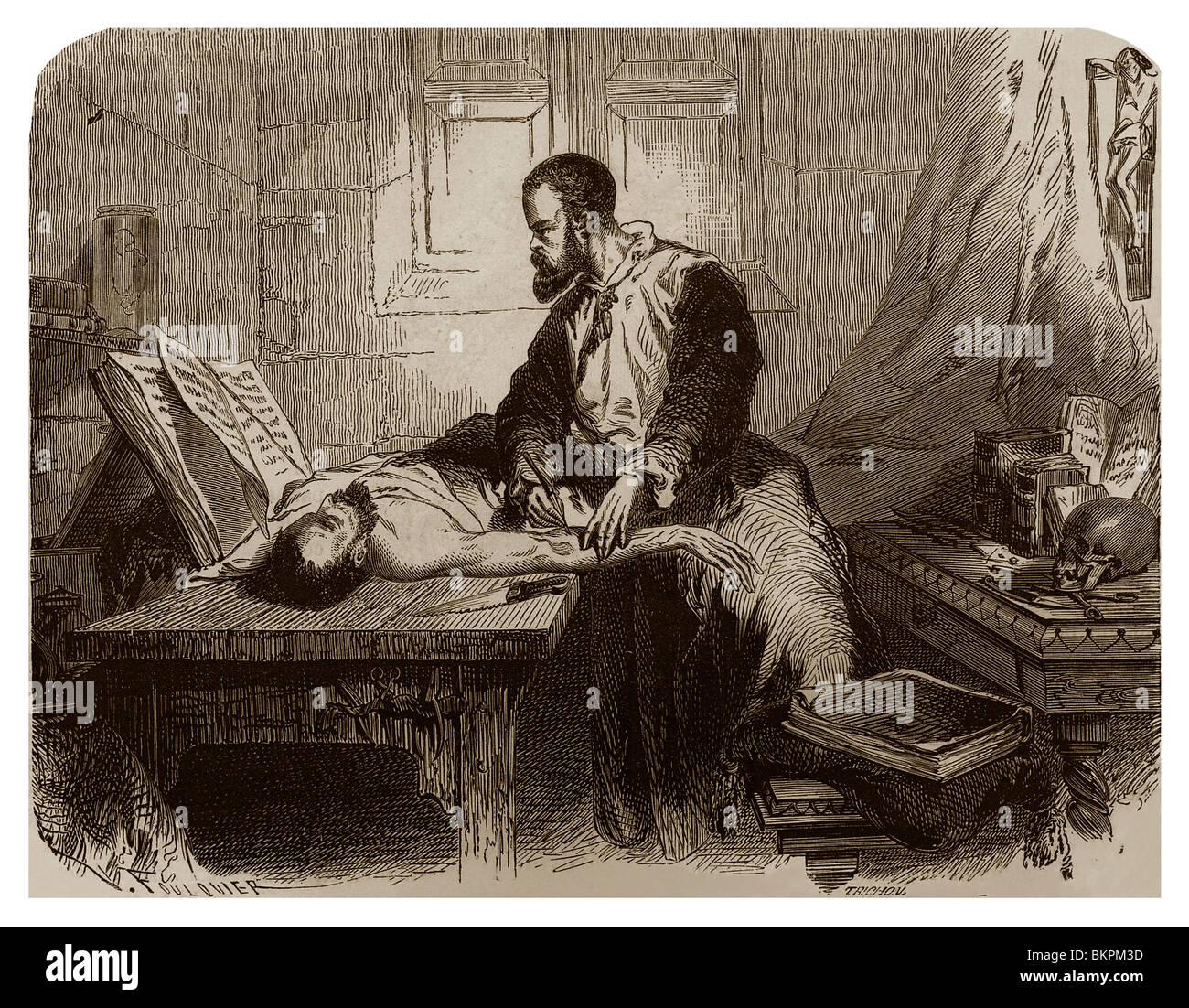 Andreas Vesalius dissecting a body in the sixteenth century in Paris. Stock Photo