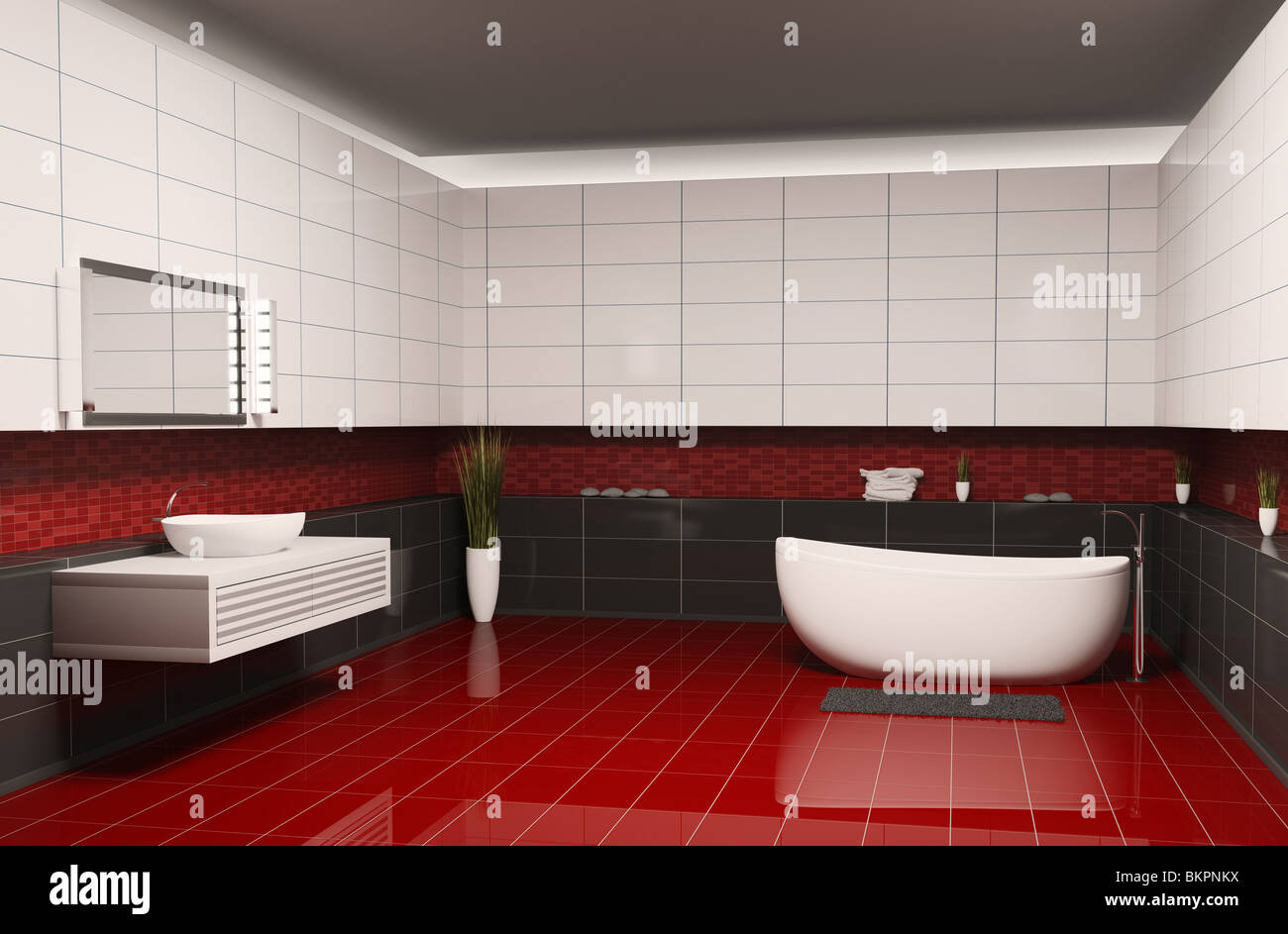 Bathroom With Black White Walls And Red Floor Interior 3d
