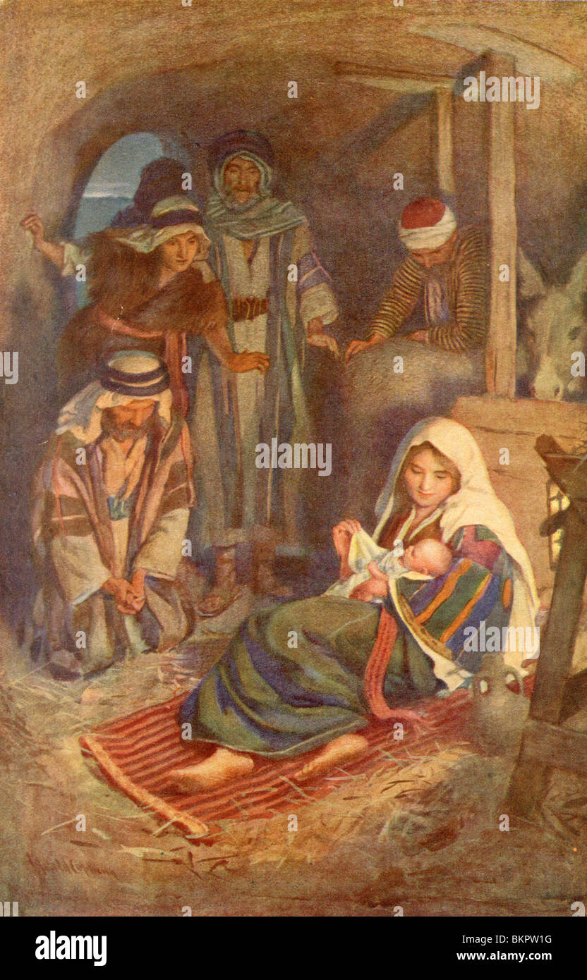 And they came with haste, and found Mary, and Joseph, and the babe Stock Photo