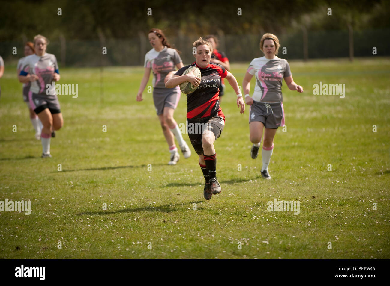 Aberystwyth university women students competing in seven a side rugby tournament, Wales UK Stock Photo