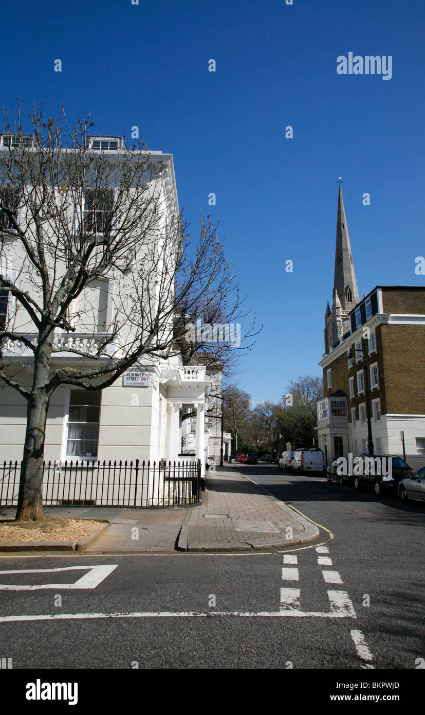 Looking down Sussex Street to St Gabriel's church in Warwick Square, Pimlico, London, UK Stock Photo