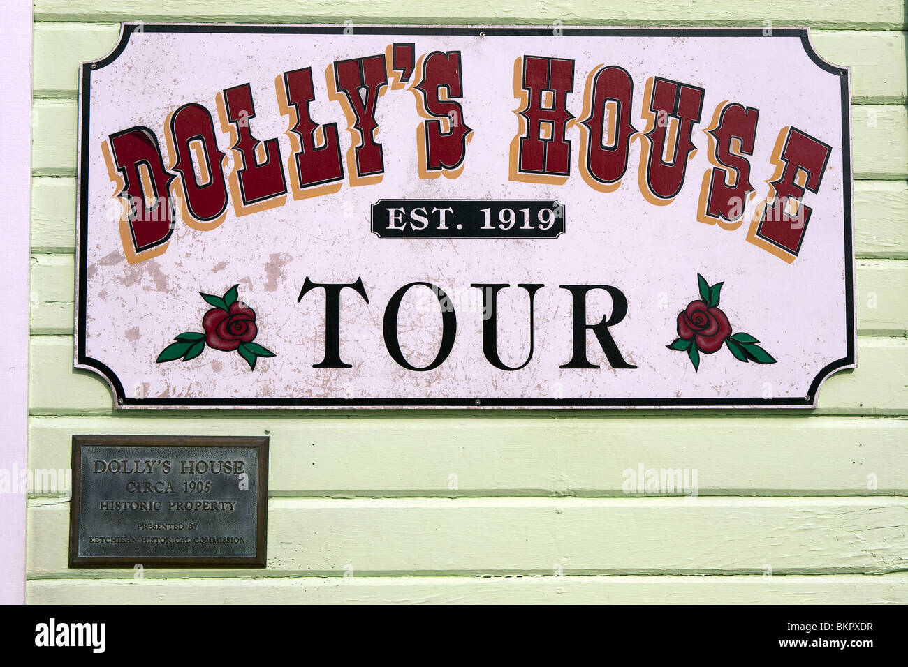 Close up of a sign for Dolly's House on Creek Street in Ketchikan, Alaska Stock Photo