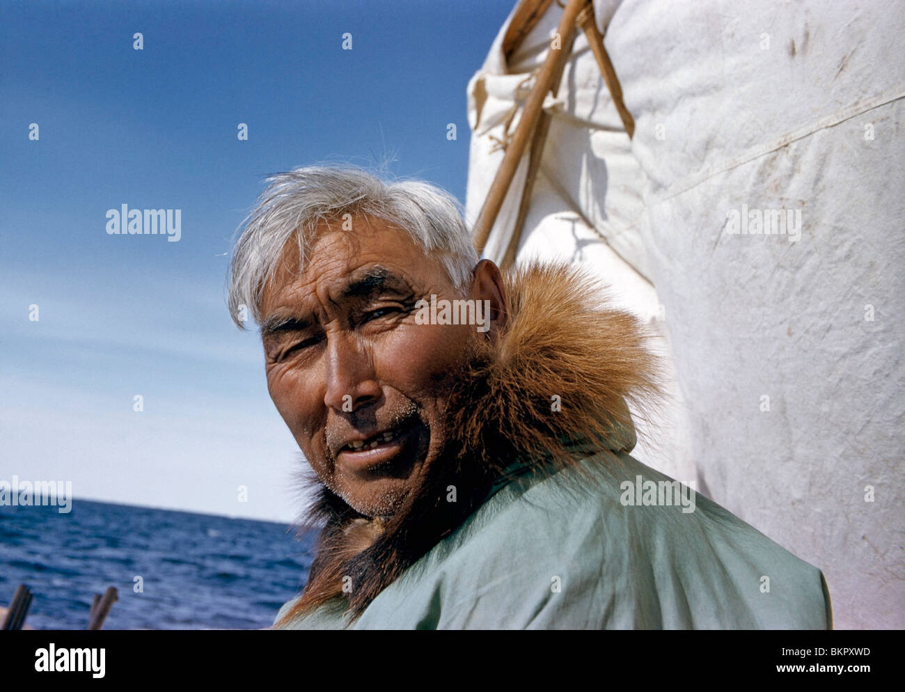 Portrait of AK Native Eskimo on Whale Hunt Alaska AR near Pt.Barrow Spring Stock Photo