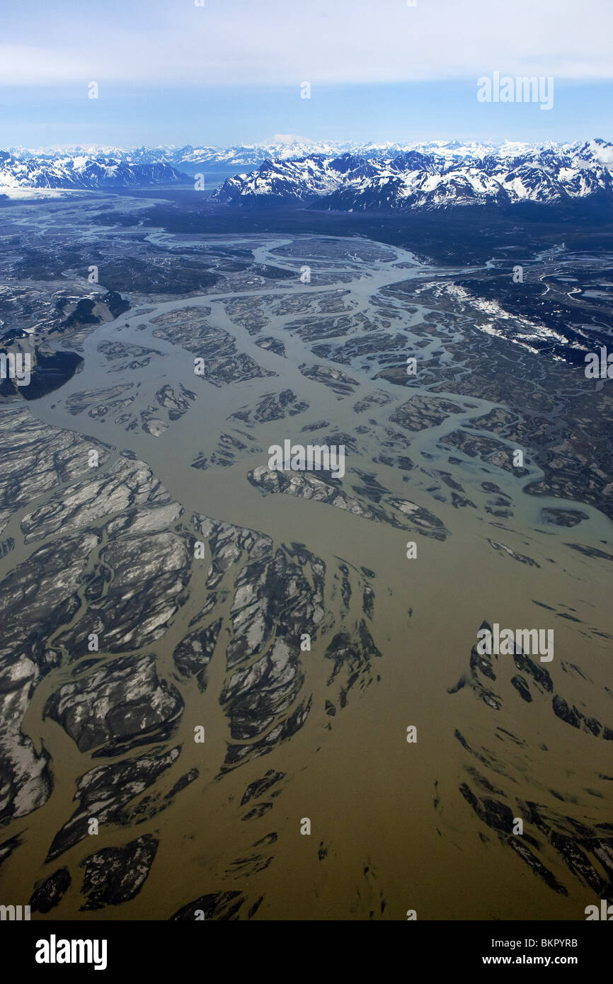 Aerial view of the Copper River Delta and Chugach National Forest east of Cordova, Alaska Stock Photo