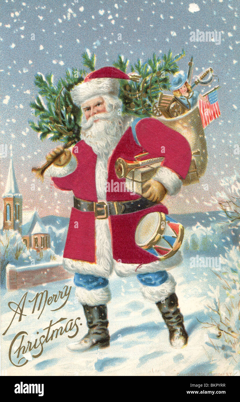 Father Christmas Carrying a Christmas Tree and Sack full of Toys and American Flag Stock Photo