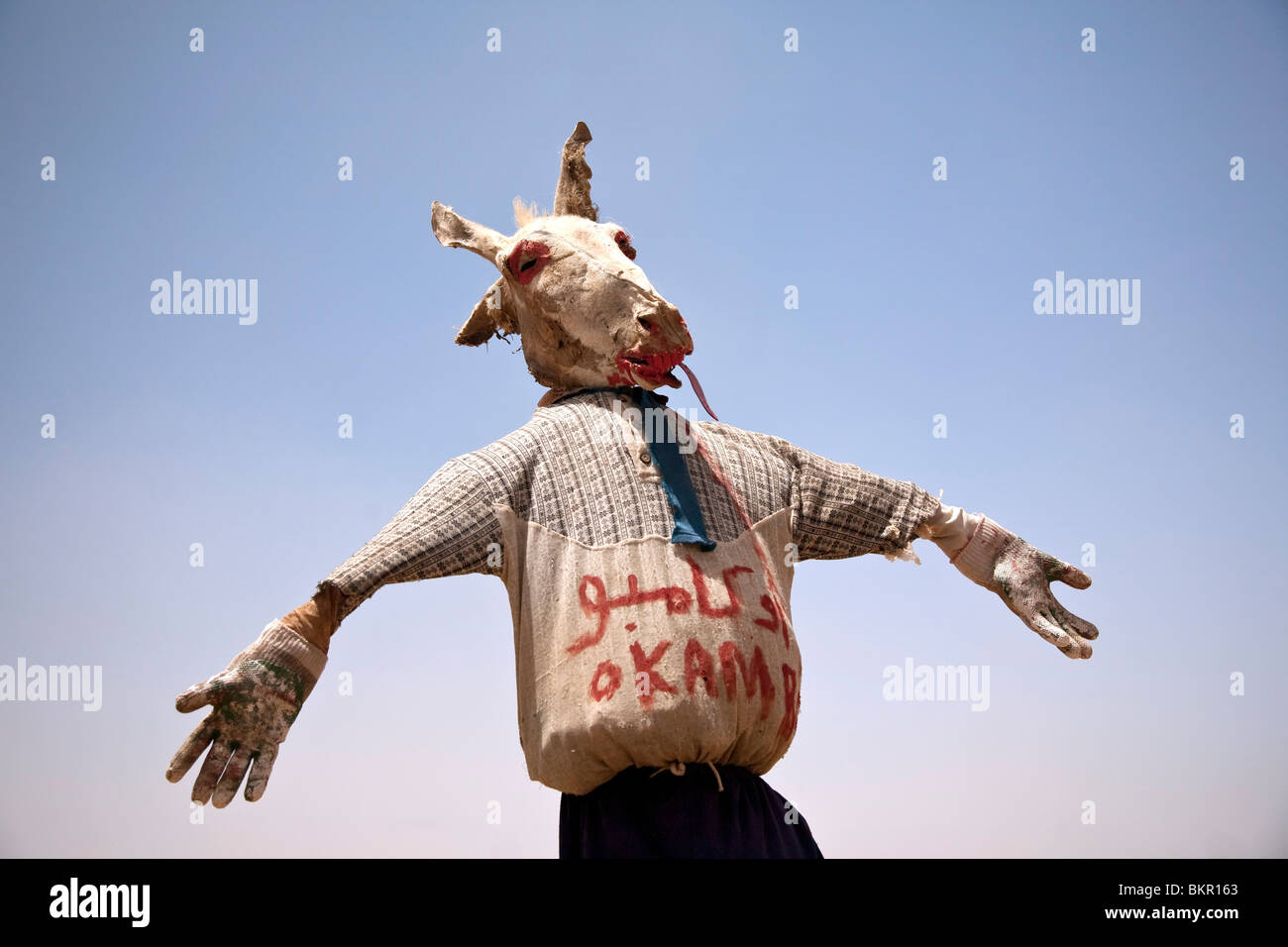 Sudan. A ghoulish scarecrow fashioned from a mummified donkey head stands on the road to the Nile's Sixth Cateract. Stock Photo