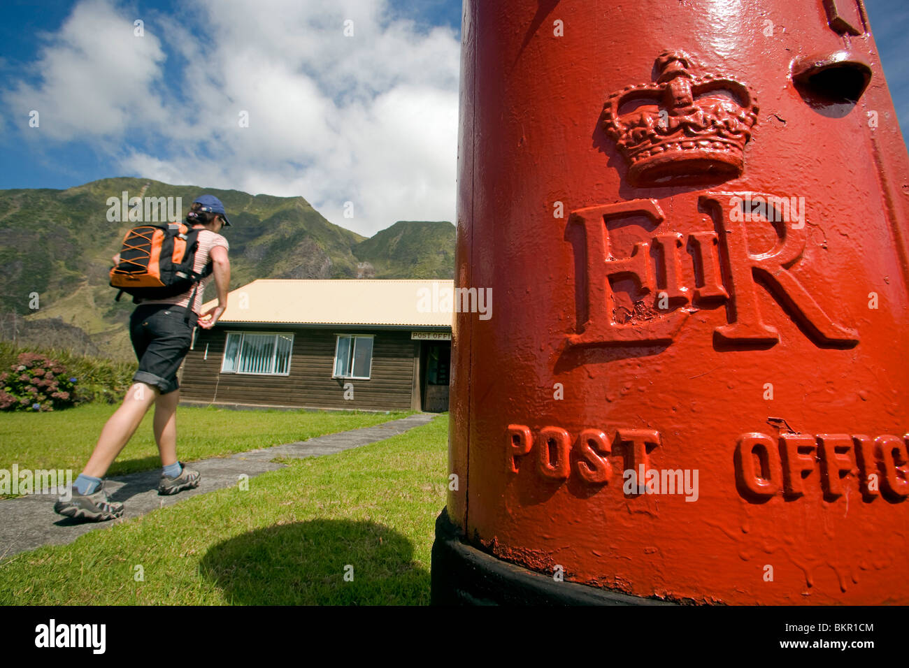 Tristan Da Cunha Island, settlement capital of Edinburgh. The Royal Mail Post Office with a red letter box in the front.(MR) Stock Photo