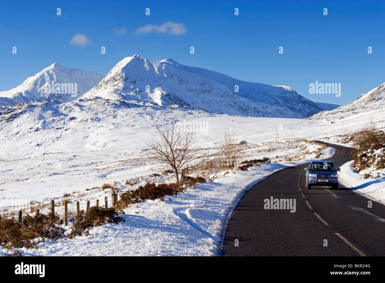 Wales, Gwynedd, Snowdonia. View along the A4086r towards Nant Peris and Snowdon. Stock Photo