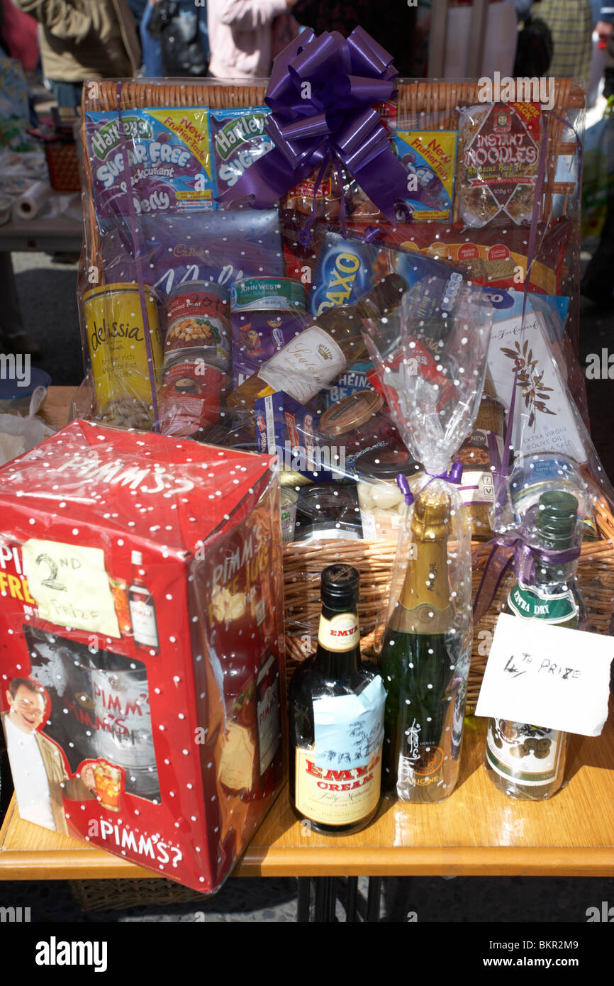 hamper and prizes in a tombola prize draw on a charity stall in Holywood County Down Northern Ireland UK Stock Photo