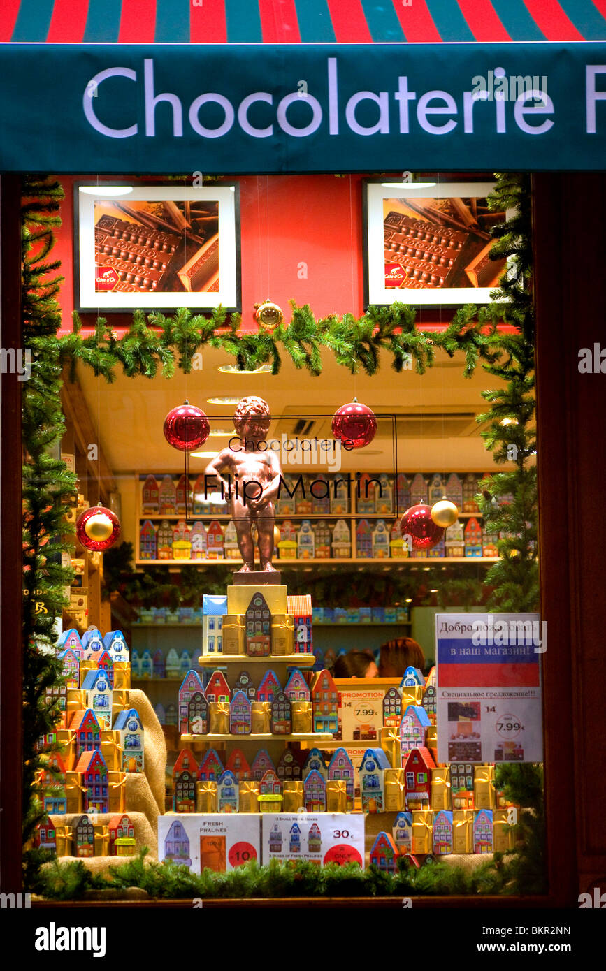 Belgium, Brussels; One of the many chocolate shops in the historical centre Stock Photo