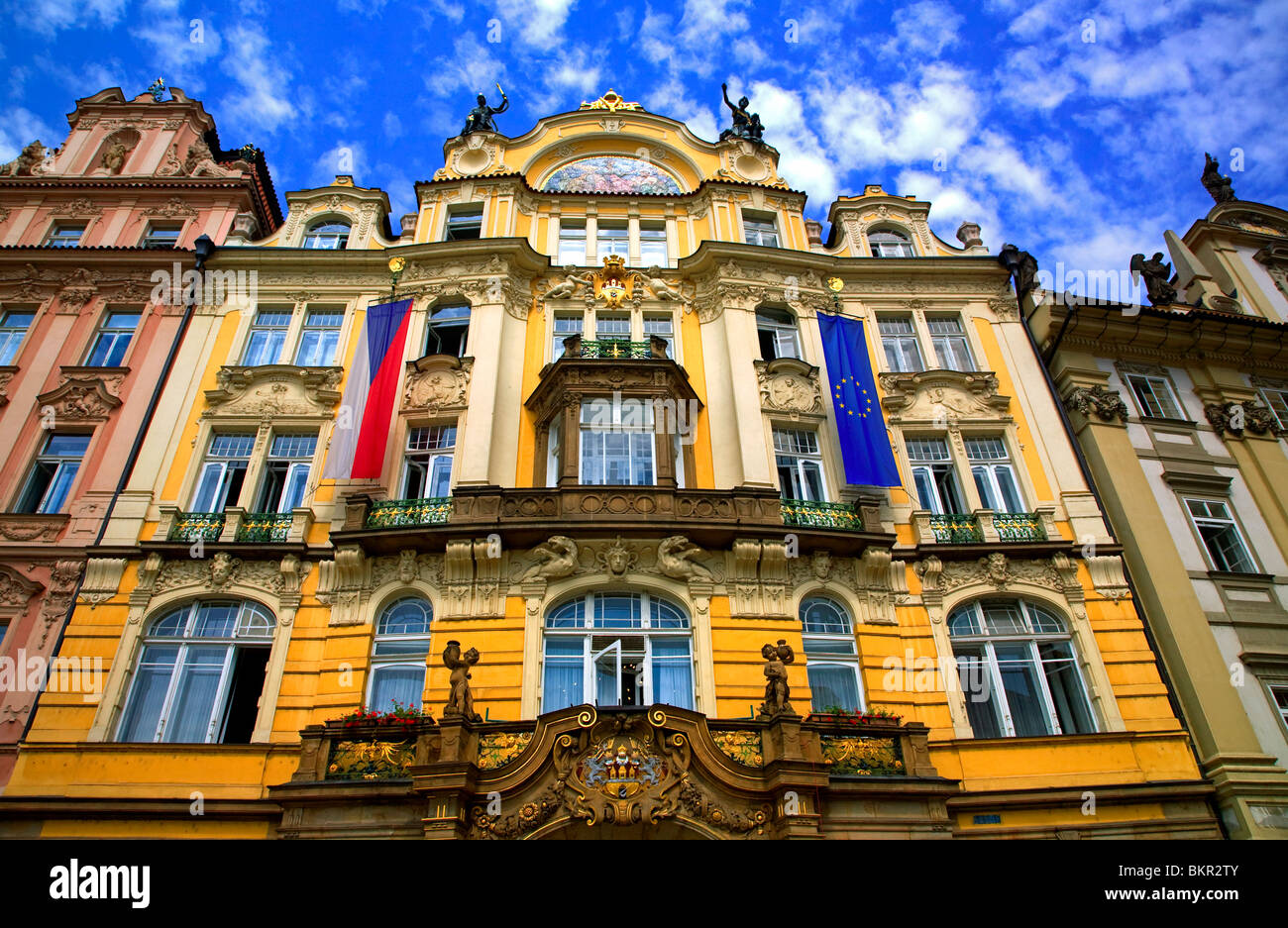Czech Republic, Prague; A official building stood behind the Jan Hus monument, Stare Mesto Square Stock Photo