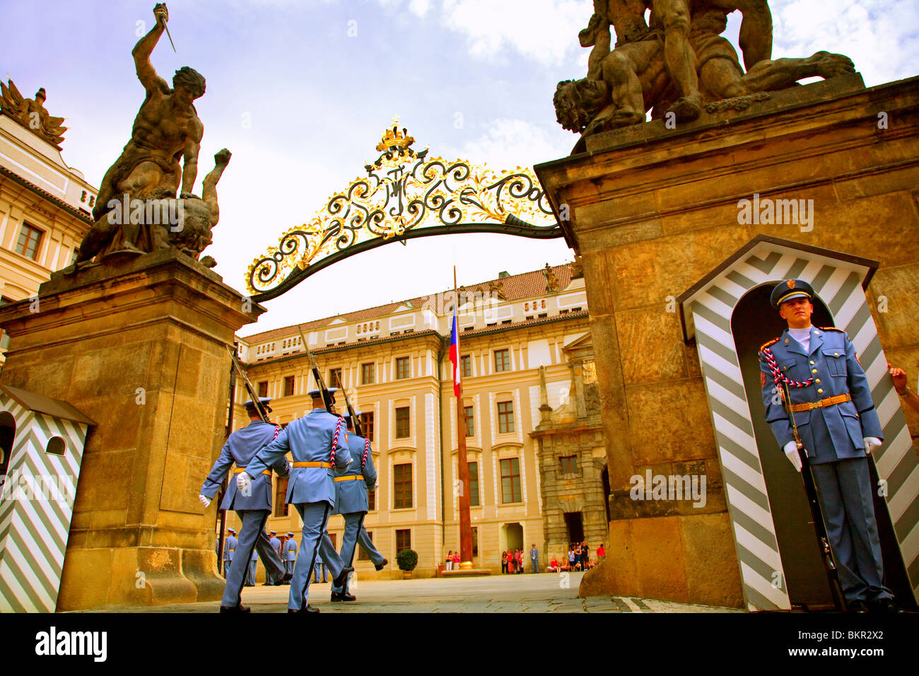 Czech Republic, Prague; A Castle Guard in uniform holding his post at the gate Stock Photo